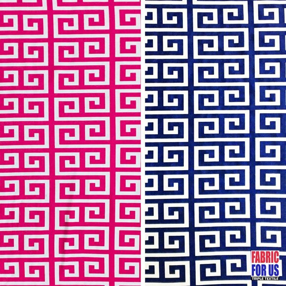 Greek Key Print Design Navy / Pink Stretch Poly-Spandex Fabric 58" Wide - Picture 1 of 7